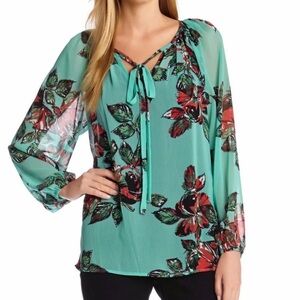 Karen Kane Teal and Red Floral Blouse